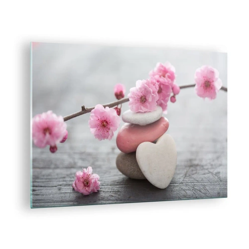 Quadro em vidro - Flores de cerejeira rosa e pedras em forma de coração - 70x50cm - Flor de cerejeira - Decoração de parede moderna para a sala de estar e quarto ARTTOR
