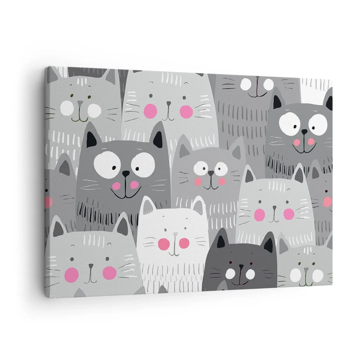 Quadro em tela - Um padrão divertido com gatos em tons de cinza - 70x50cm - O mundo dos gatos - Decoração de parede moderna para a sala de estar e quarto ARTTOR
