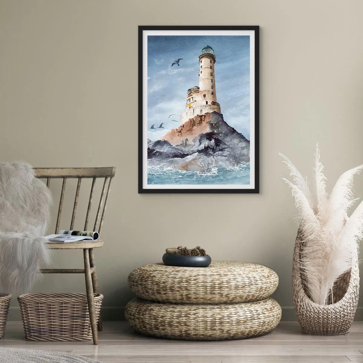 Pôster com moldura preta - Uma pintura em aquarela de um farol em uma costa rochosa - 50x70cm - Invencível - Decoração de parede moderna para a sala de estar e quarto ARTTOR