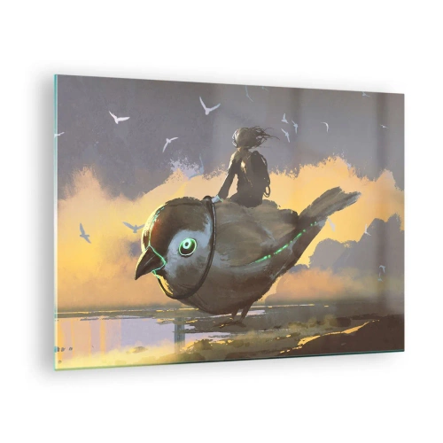 Quadro em vidro - Uma figura de um pássaro gigante à luz do pôr do sol - 70x50cm - Uma parada numa viagem fantástica - Decoração de parede moderna para a sala de estar e quarto ARTTOR