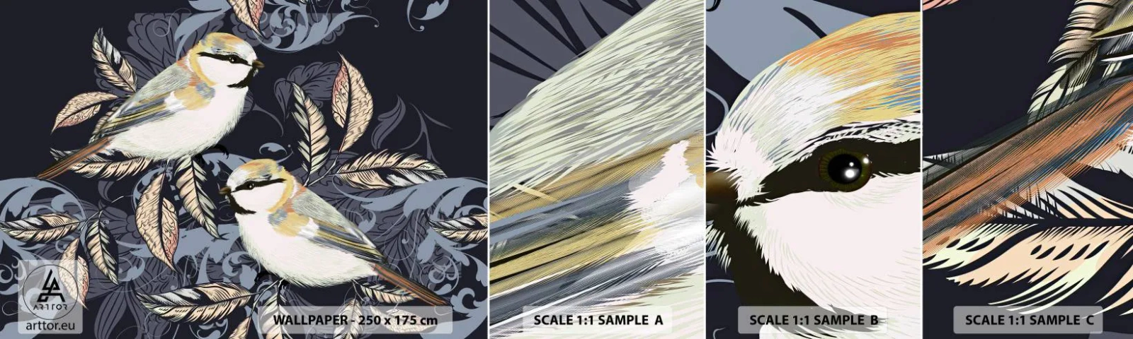 Amostra de papel de parede autocolante Deluxe Sticker - Canto amarelo-azul - Abstração, Pássaros, Folhas - 100x30 cm