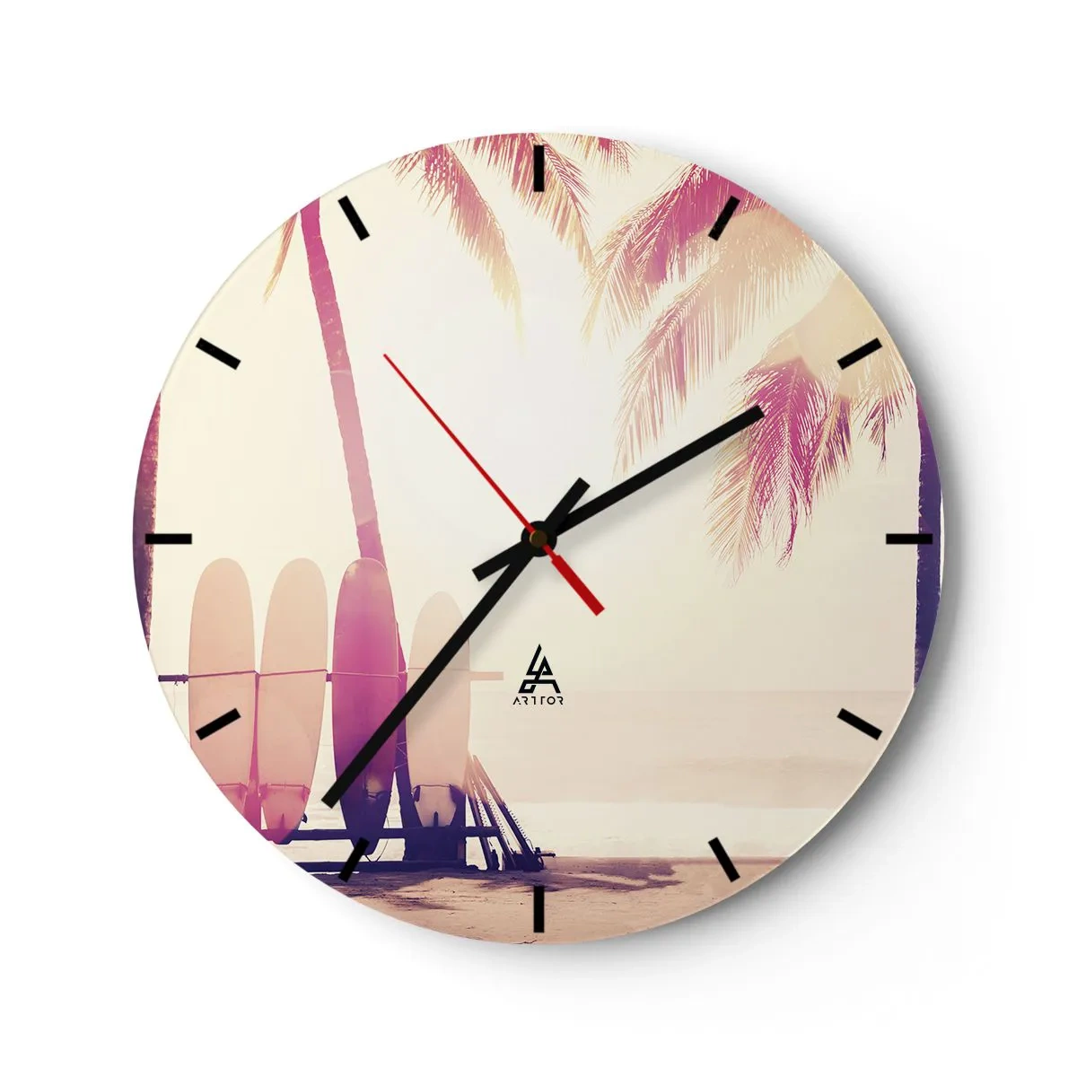 Relógio de parede - Relógio em vidro - Pranchas de surfe e palmeiras na praia ao amanhecer - 30x30cm - Vai ser um grande dia - Decoração de parede moderna para a sala de estar, cozinha e quarto ARTTOR