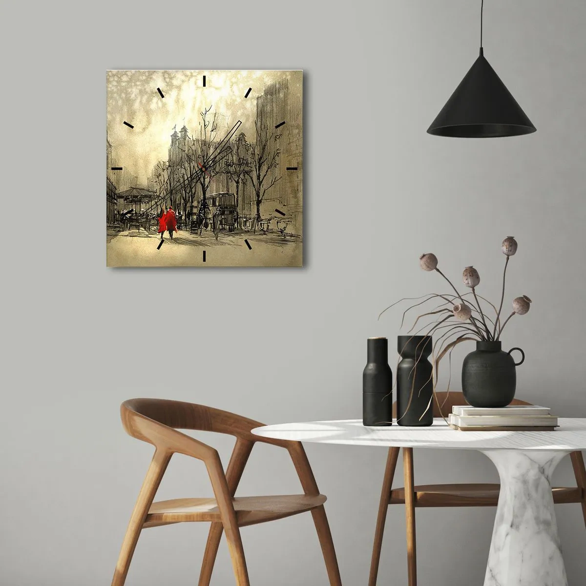 Relógio de parede - Relógio em vidro - Um encontro no nevoeiro londrino  - 30x30 cm