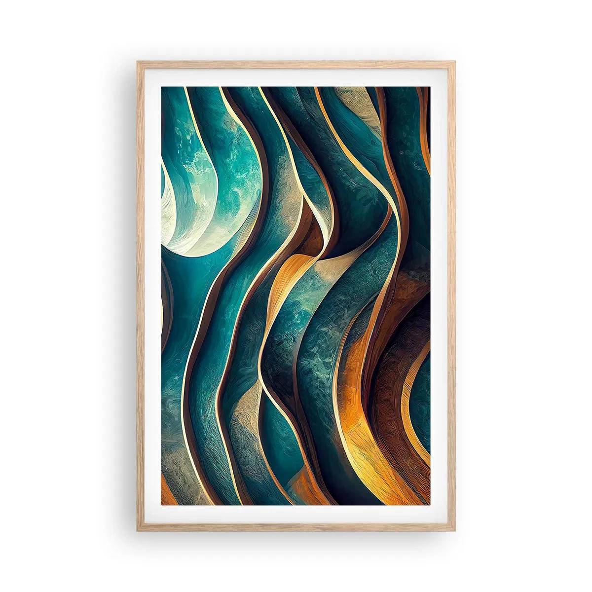 Pôster com moldura de carvalho claro - Meandros de azul - 61x91 cm