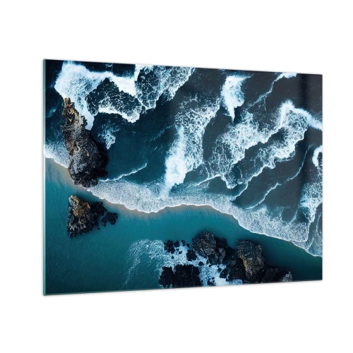 Quadro em vidro - Ondas do mar quebrando contra a costa rochosa - 70x50cm - Envolto em ondas - Decoração de parede moderna para a sala de estar e quarto ARTTOR