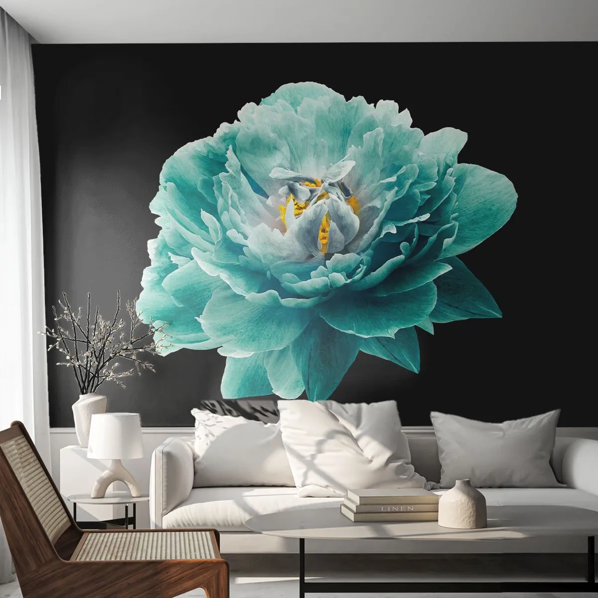 Papel de Parede Autocolante Deluxe Sticker - Pétalas azuis e douradas - Flor, Florescendo, Peônia - 100x70 cm