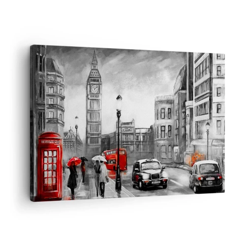Quadro em tela - Uma cena de Londres em preto e branco com detalhes em vermelho - 70x50cm - Não é uma cidade cinzenta - Decoração de parede moderna para a sala de estar e quarto ARTTOR