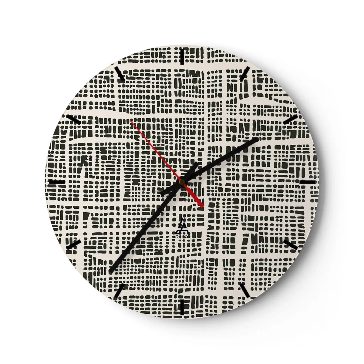 Relógio de parede - Relógio em vidro - Padrão geométrico, preto e creme com pontos irregulares - 30x30cm - Uma composição tecida - Decoração de parede moderna para a sala de estar, cozinha e quarto ARTTOR