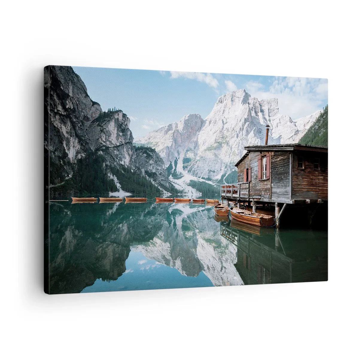 Quadro em tela - Uma casa de madeira perto de um tranquilo lago de montanha - 70x50cm - Manhã cristalina nas montanhas - Decoração de parede moderna para a sala de estar e quarto ARTTOR
