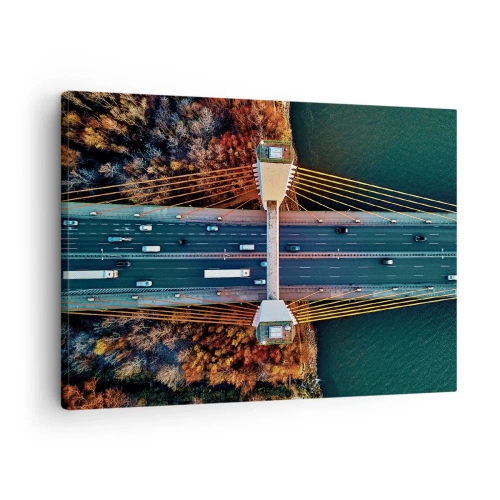 Quadro em tela - Vista aérea da ponte sobre o rio e a paisagem de outono - 70x50cm - Além das águas, além das florestas - Decoração de parede moderna para a sala de estar e quarto ARTTOR