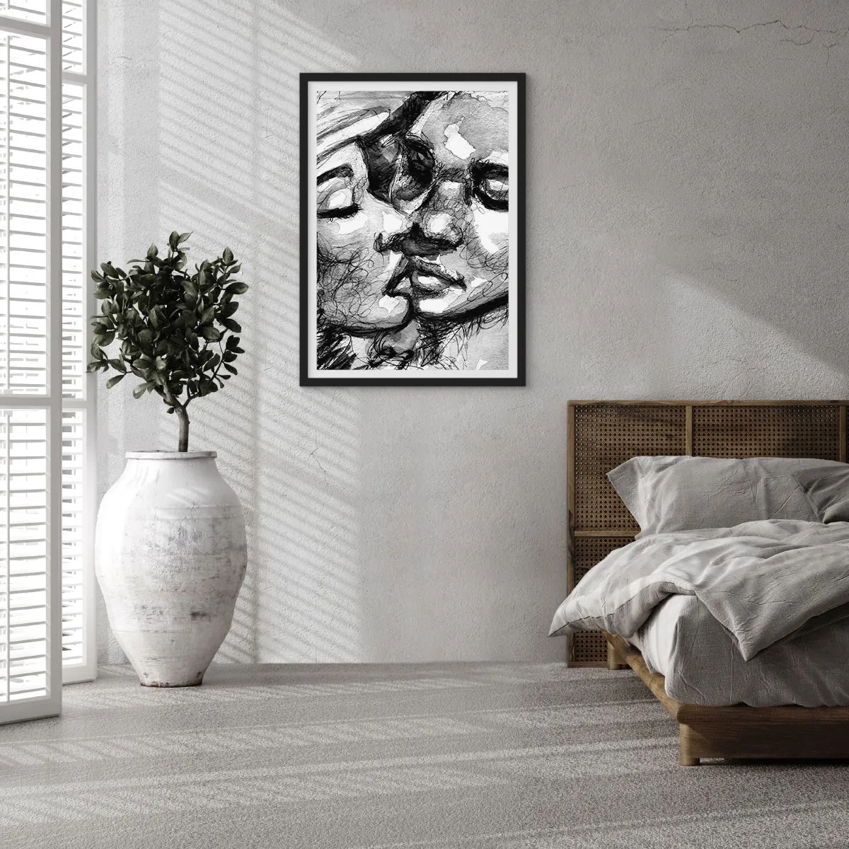 Pôster com moldura preta - Retrato abstrato em preto e branco de um beijo - 50x70cm - Um momento de ternura - Decoração de parede moderna para a sala de estar e quarto ARTTOR