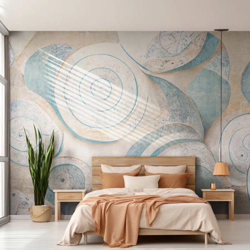 Papel de Parede Standard Eco - Conchas abstratas em tons pastéis de azul e bege - 100x70cm - O que há dentro da casca? - Decoração de parede moderna para a sala de estar e quarto ARTTOR