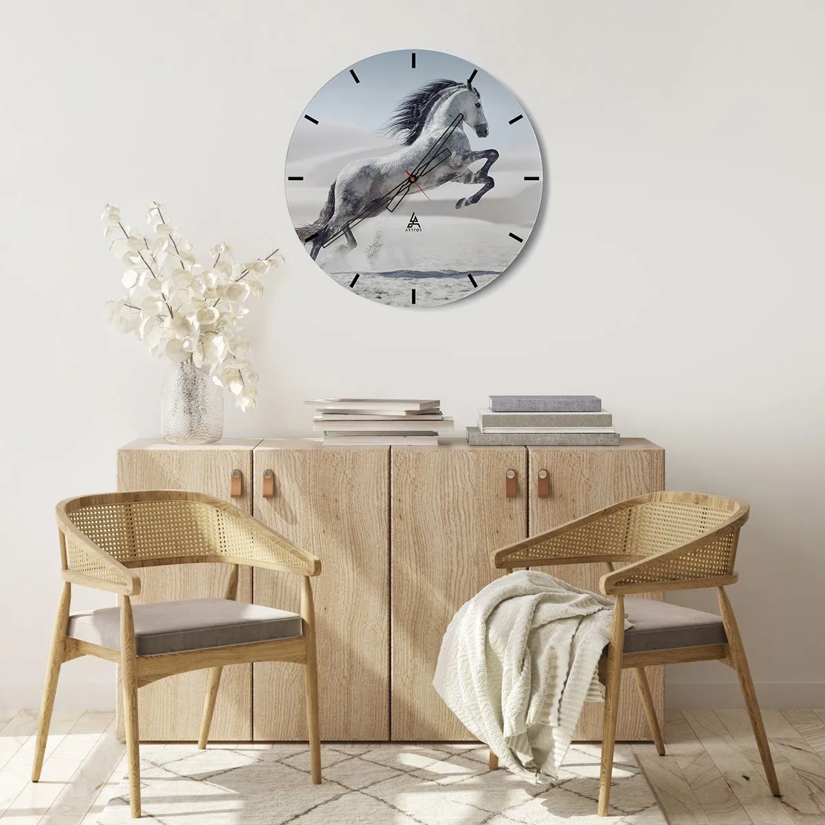 Relógio de parede - Relógio em vidro - Um cavalo árabe saltando contra um fundo desértico - 30x30cm - Príncipe árabe - Decoração de parede moderna para a sala de estar, cozinha e quarto ARTTOR