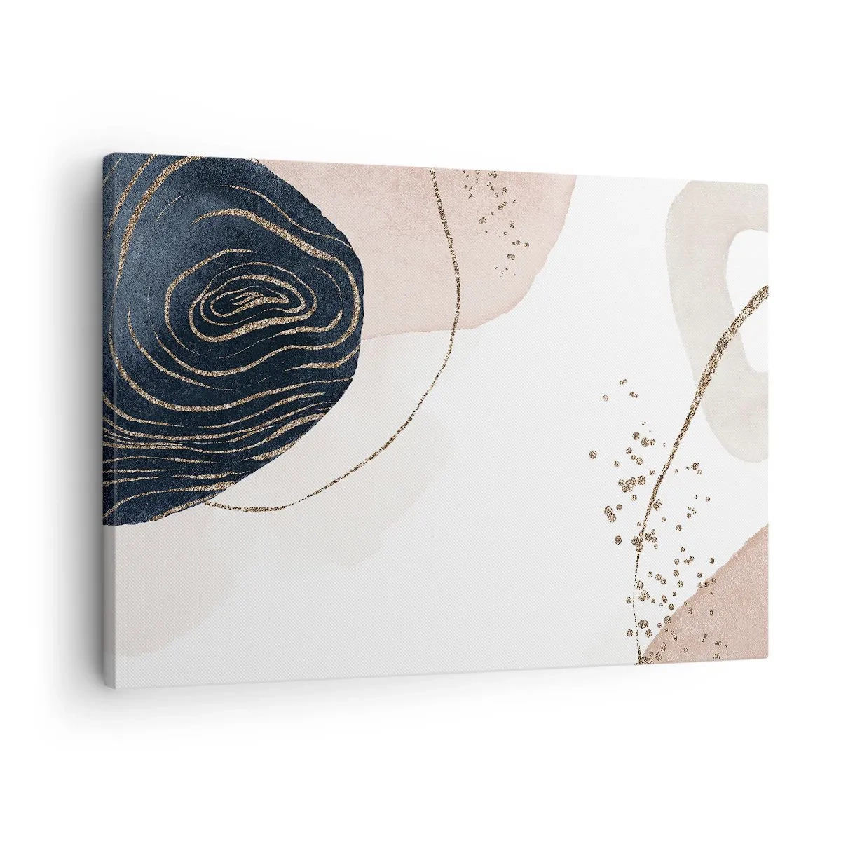 Quadro em tela - Formas abstratas em tons de bege e azul marinho com detalhes dourados - 70x50cm - Tudo flui - Decoração de parede moderna para a sala de estar e quarto ARTTOR