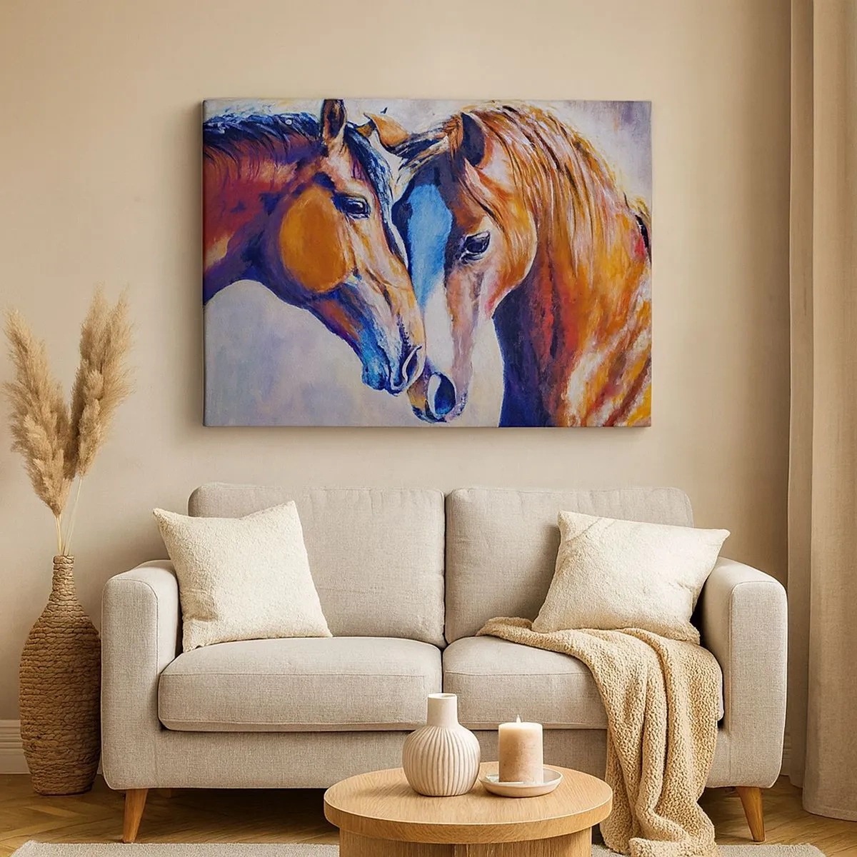 Quadro em tela - Uma representação pictórica de dois cavalos em um ambiente amigável. - 70x50cm - Isso é amizade? Isso é amor? - Decoração de parede moderna para a sala de estar e quarto ARTTOR