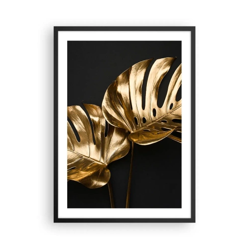 Pôster com moldura preta - Folhas de monstera douradas sobre fundo preto, um elegante contraste de cores - 50x70cm - Tesouros da natureza - Decoração de parede moderna para a sala de estar e quarto ARTTOR