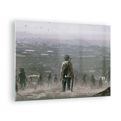 Quadro em vidro - Uma figura com um rifle no cenário escuro de um grupo que se aproxima - 70x50cm - O último justo? - Decoração de parede moderna para a sala de estar e quarto ARTTOR