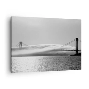 Quadro em tela - Uma ponte sobre a água envolta em neblina em uma foto em preto e branco - 70x50cm - Navegando pelo Golden Gate - Decoração de parede moderna para a sala de estar e quarto ARTTOR