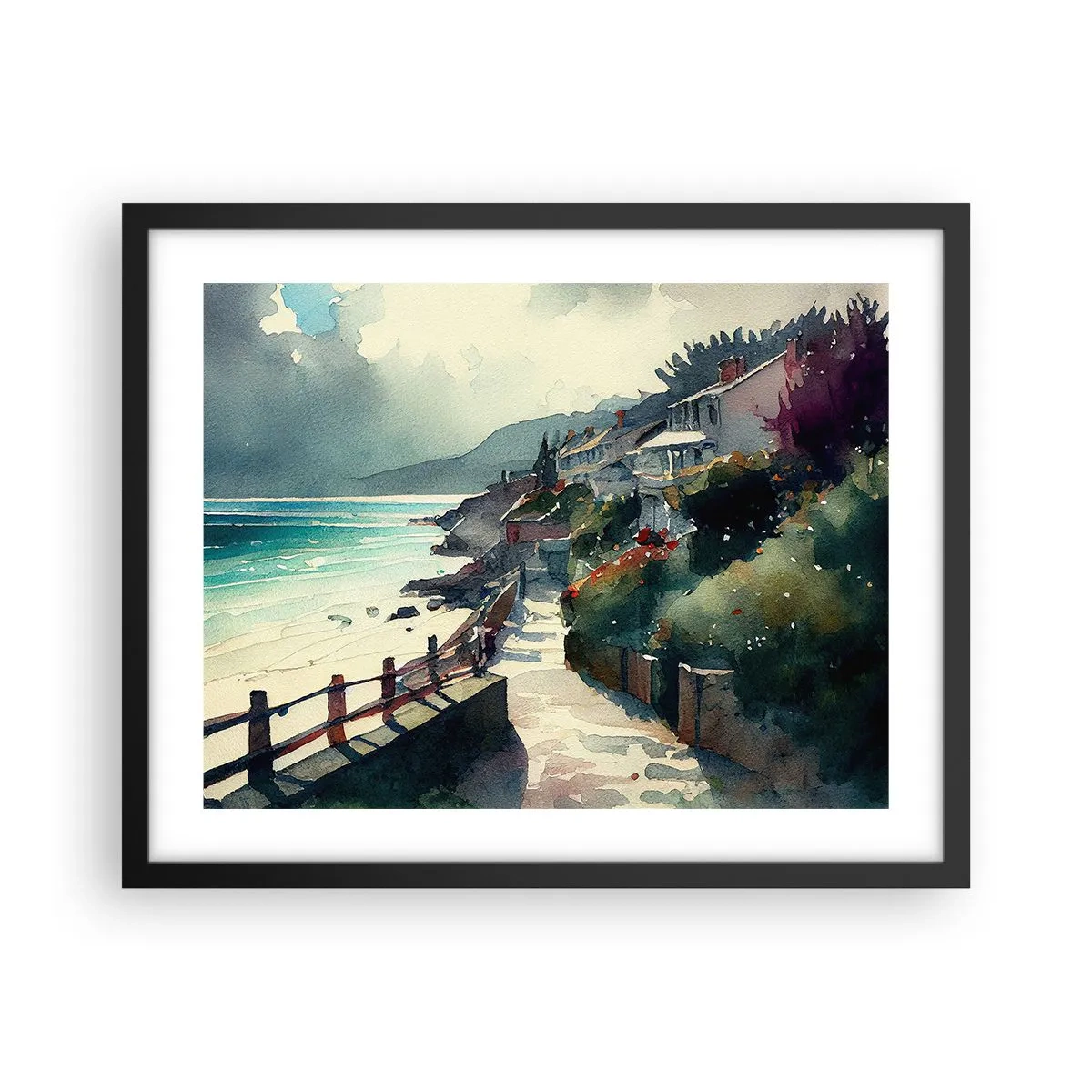 Pôster com moldura preta - Cidade mediterrânea - 50x40 cm