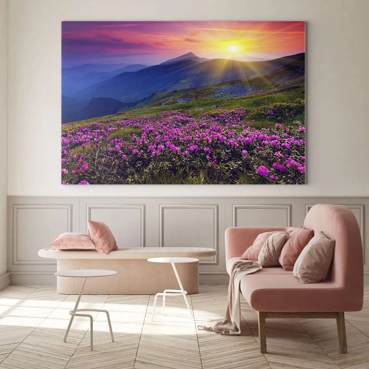 Quadro em vidro - Prados de flores nas montanhas ao nascer do sol - 70x50cm - …Cheiro de pinheiros e ervas da montanha - Decoração de parede moderna para a sala de estar e quarto ARTTOR