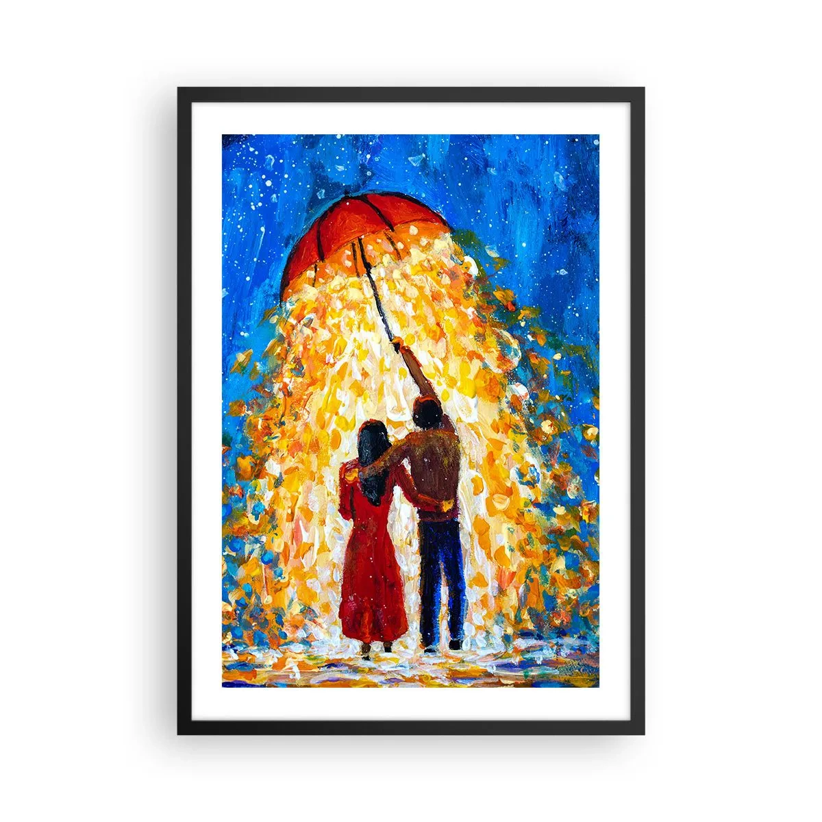 Pôster com moldura preta - Um casal romântico sob um guarda-chuva cheio de luz - 50x70cm - A magia de uma noite chuvosa? - Decoração de parede moderna para a sala de estar e quarto ARTTOR