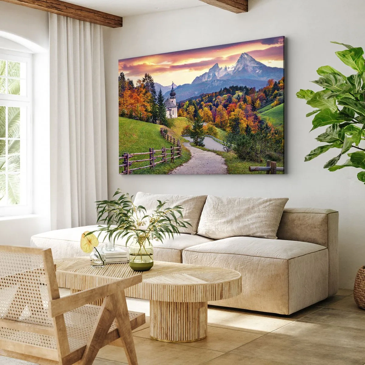 Quadro em tela - Paisagem de montanha de outono com uma capela e pôr do sol - 70x50cm - Paisagem como uma pintura - Decoração de parede moderna para a sala de estar e quarto ARTTOR