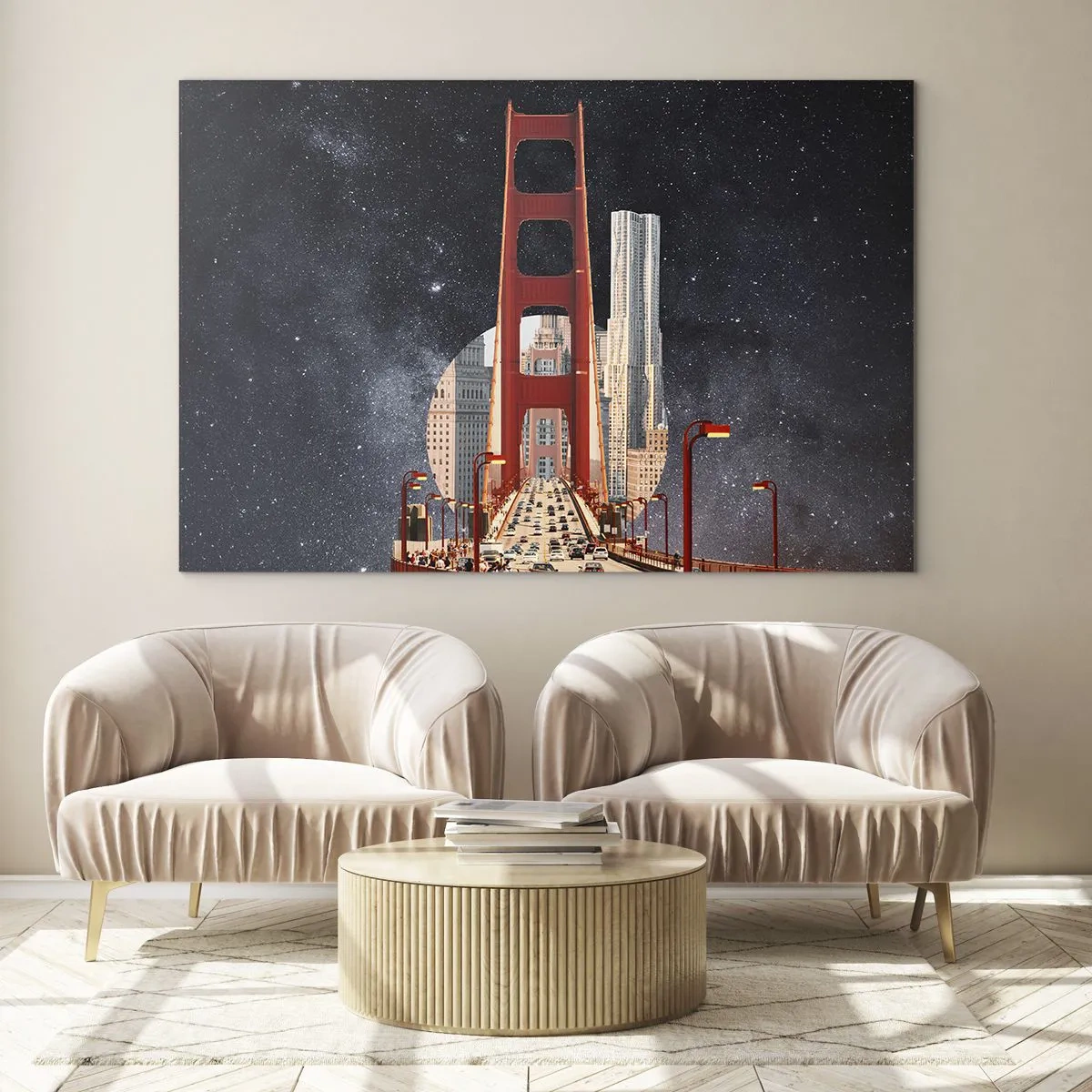 Quadro em vidro - Ponte e arranha-céus em um fundo de galáxia surreal - 70x50cm - Sempre no centro - Decoração de parede moderna para a sala de estar e quarto ARTTOR