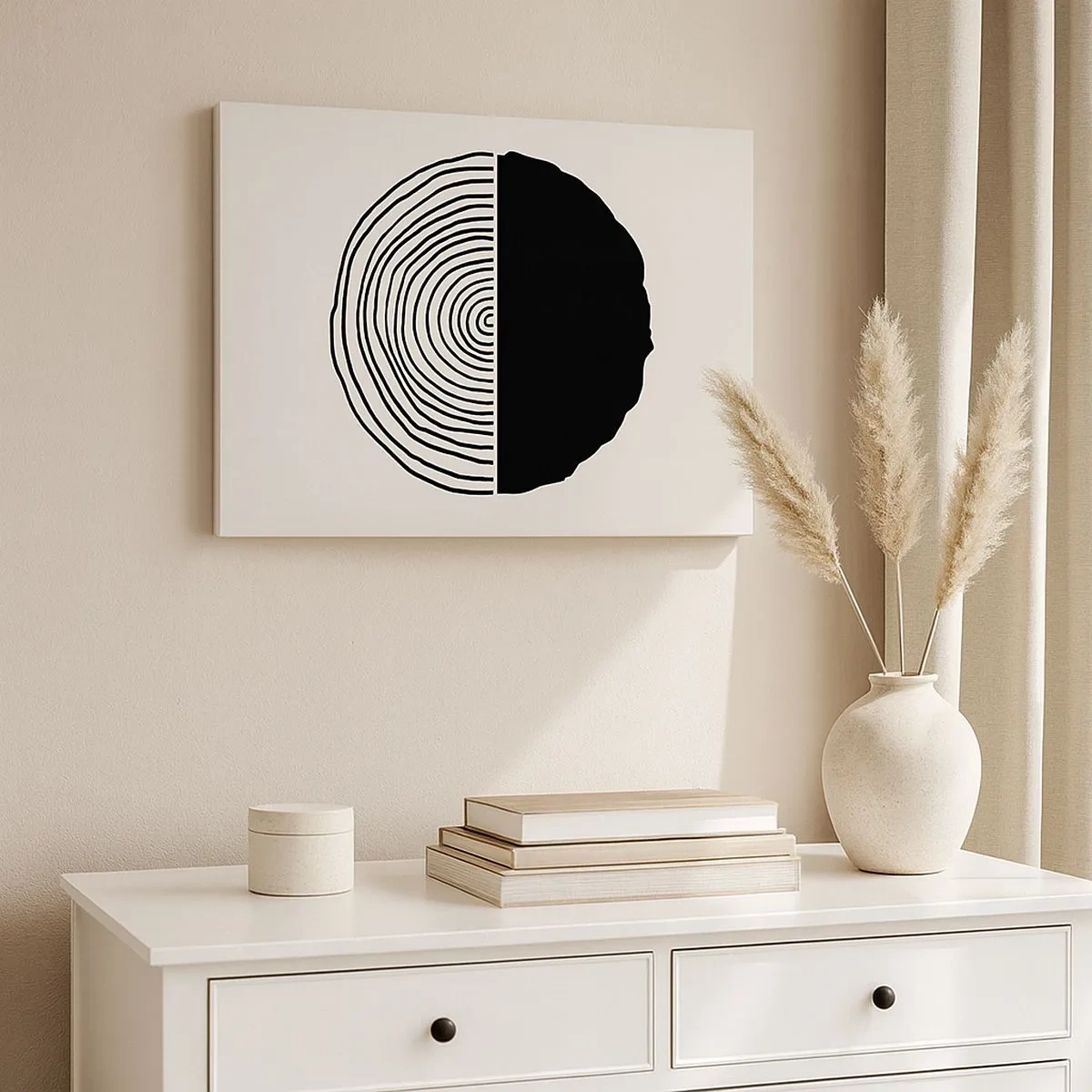 Quadro em tela - Um motivo abstrato em preto e branco inspirado em uma seção transversal de madeira com uma divisão geométrica. - 70x50cm - Meio a meio - Decoração de parede moderna para a sala de estar e quarto ARTTOR