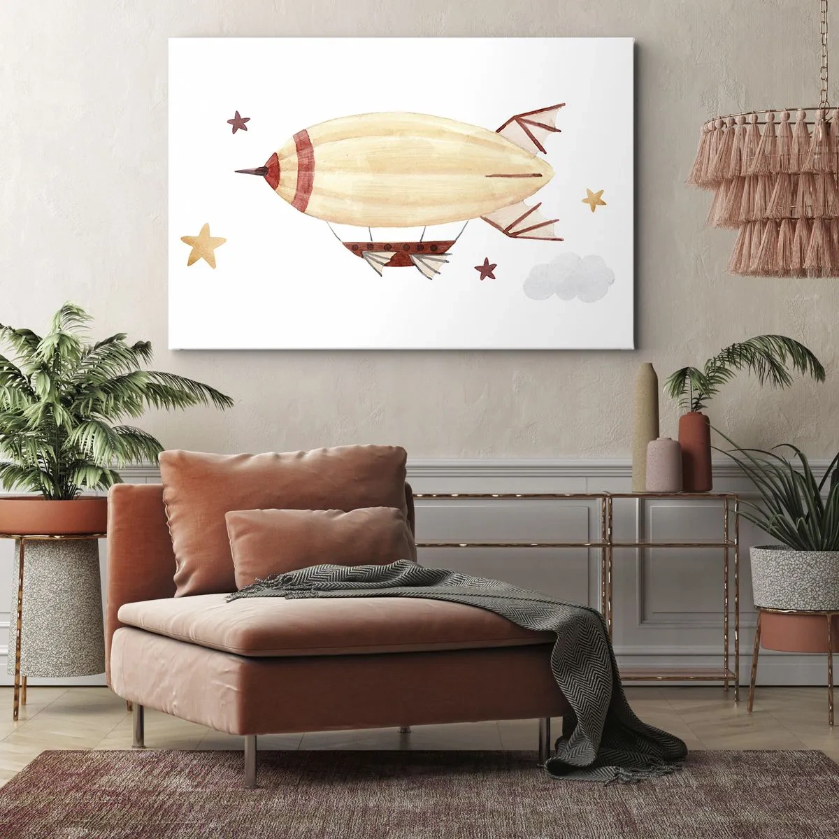 Quadro em tela - Um dirigível pintado à mão com um cenário de estrelas - 70x50cm - Dirigível - Decoração de parede moderna para a sala de estar e quarto ARTTOR