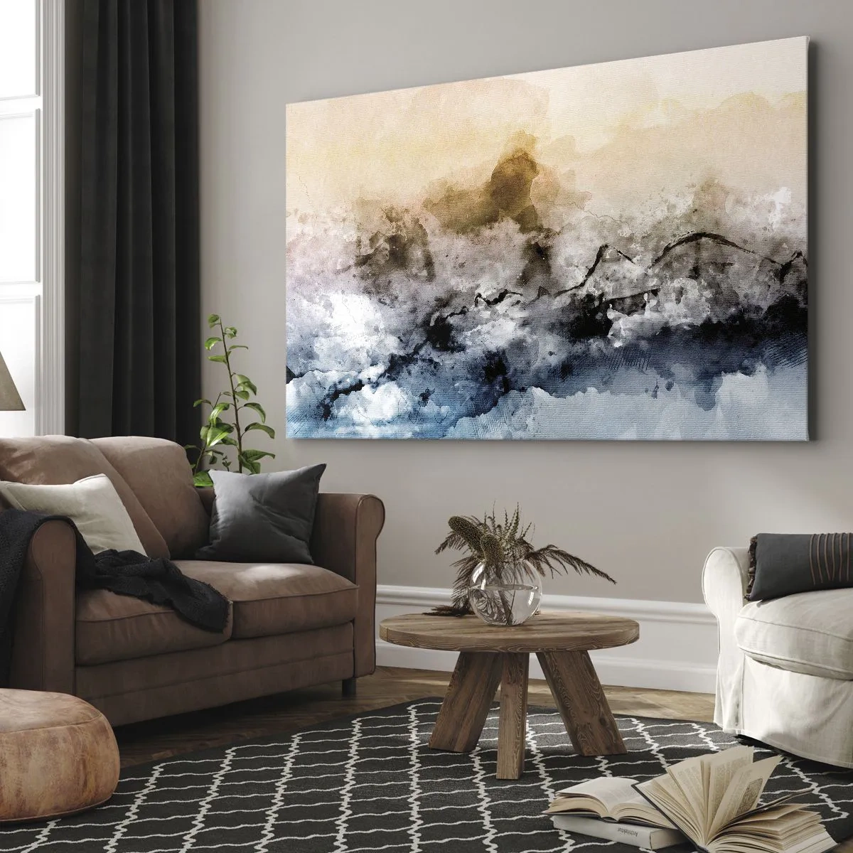 Quadro em tela - Paisagem abstrata com neblina e cores sutis - 70x50cm - Imersos no tumulto do nevoeiro - Decoração de parede moderna para a sala de estar e quarto ARTTOR