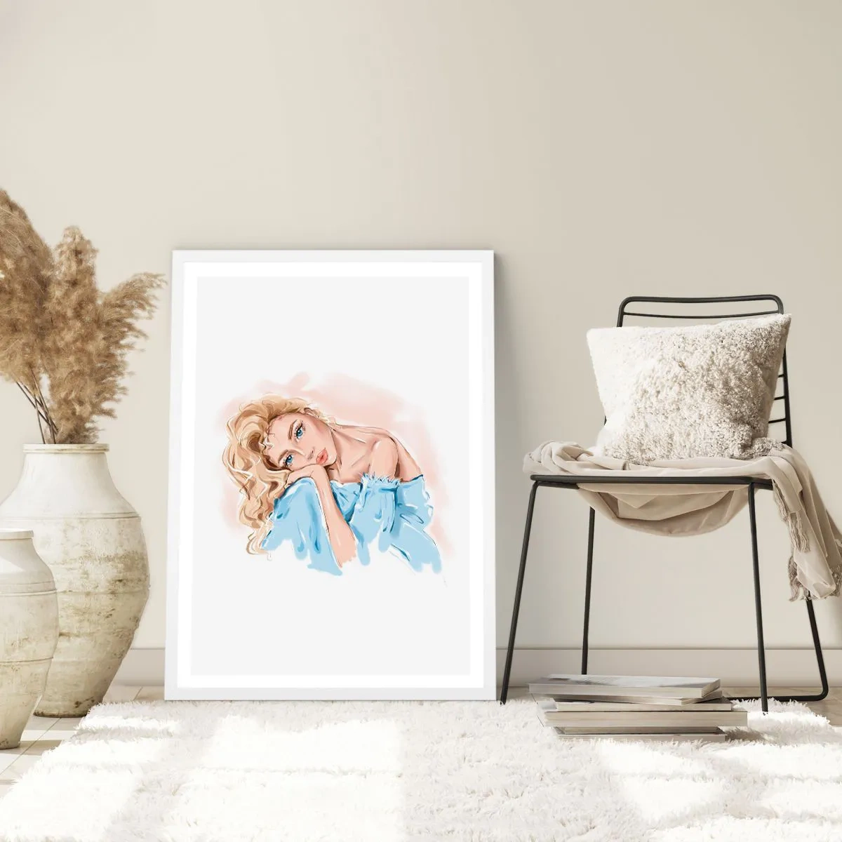 Pôster em moldura branca - Sonhadora em azul - 50x70 cm