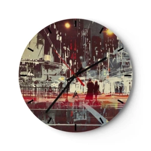 Relógio de parede - Relógio em vidro - Um casal à noite com uma cidade bem iluminada ao fundo - 30x30cm - Travessia metropolitana - Decoração de parede moderna para a sala de estar, cozinha e quarto ARTTOR