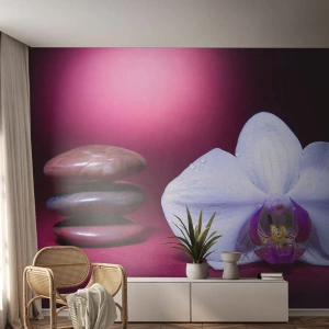 Papel de Parede Premium Canvas - O estudo do frescor em roxo - Flores, Spa, Pedras - 350x256 cm