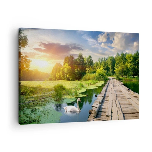 Quadro em tela - Uma paisagem pitoresca com uma ponte e um cisne - 70x50cm - Verão em todos os lugares - Decoração de parede moderna para a sala de estar e quarto ARTTOR