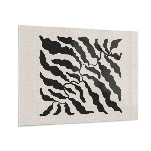 Quadro em vidro - Arte botânica com folhas pretas orgânicas - 70x50cm - A natureza da praça - Decoração de parede moderna para a sala de estar e quarto ARTTOR