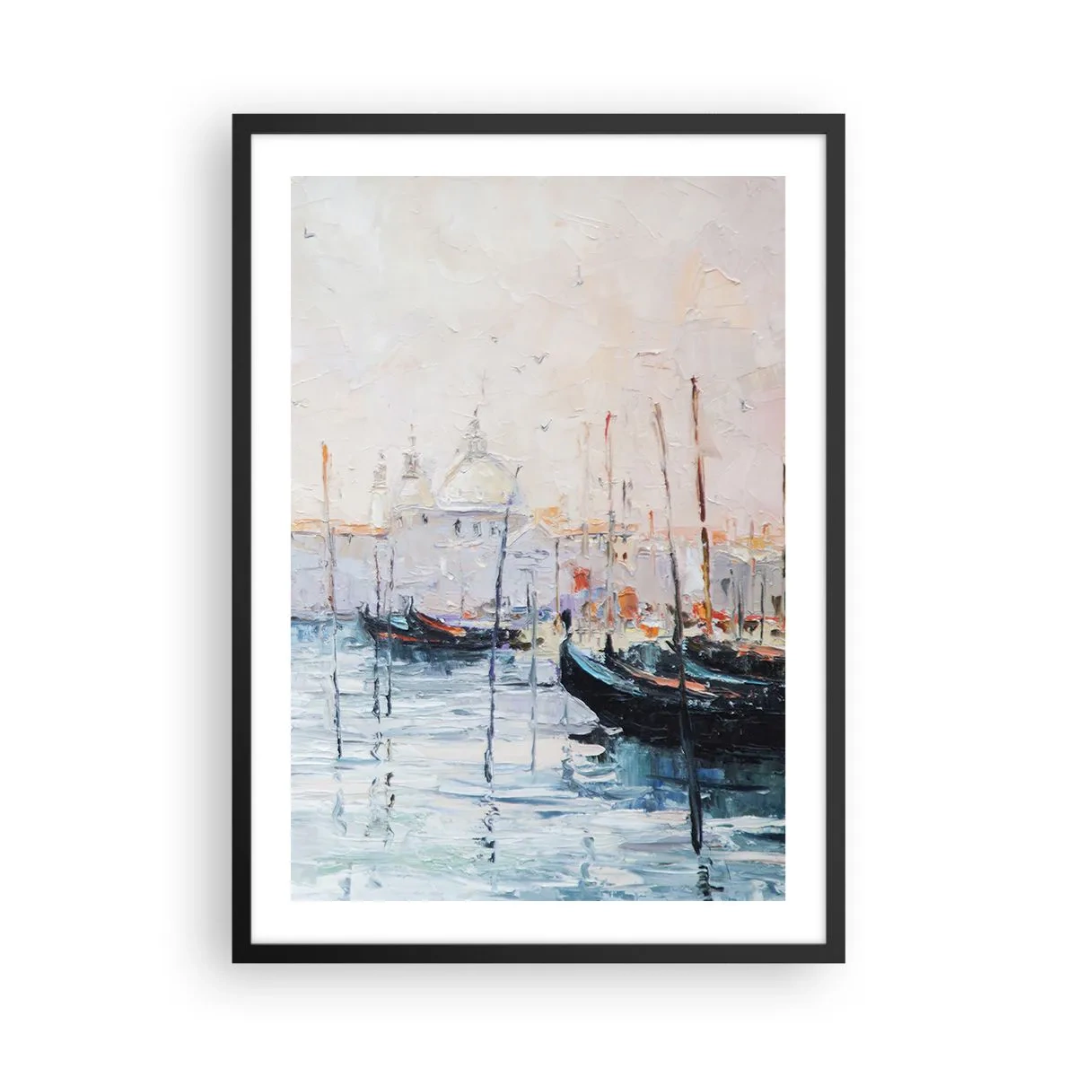 Pôster com moldura preta - Veneza com gôndolas em estilo pictórico impressionista - 50x70cm - Além da água, atrás do nevoeiro - Decoração de parede moderna para a sala de estar e quarto ARTTOR