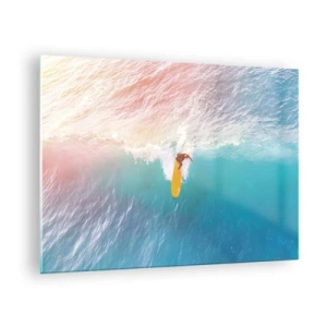 Quadro em vidro - Surfista pegando uma onda no oceano turquesa - 70x50cm - Cavaleiro oceânico - Decoração de parede moderna para a sala de estar e quarto ARTTOR