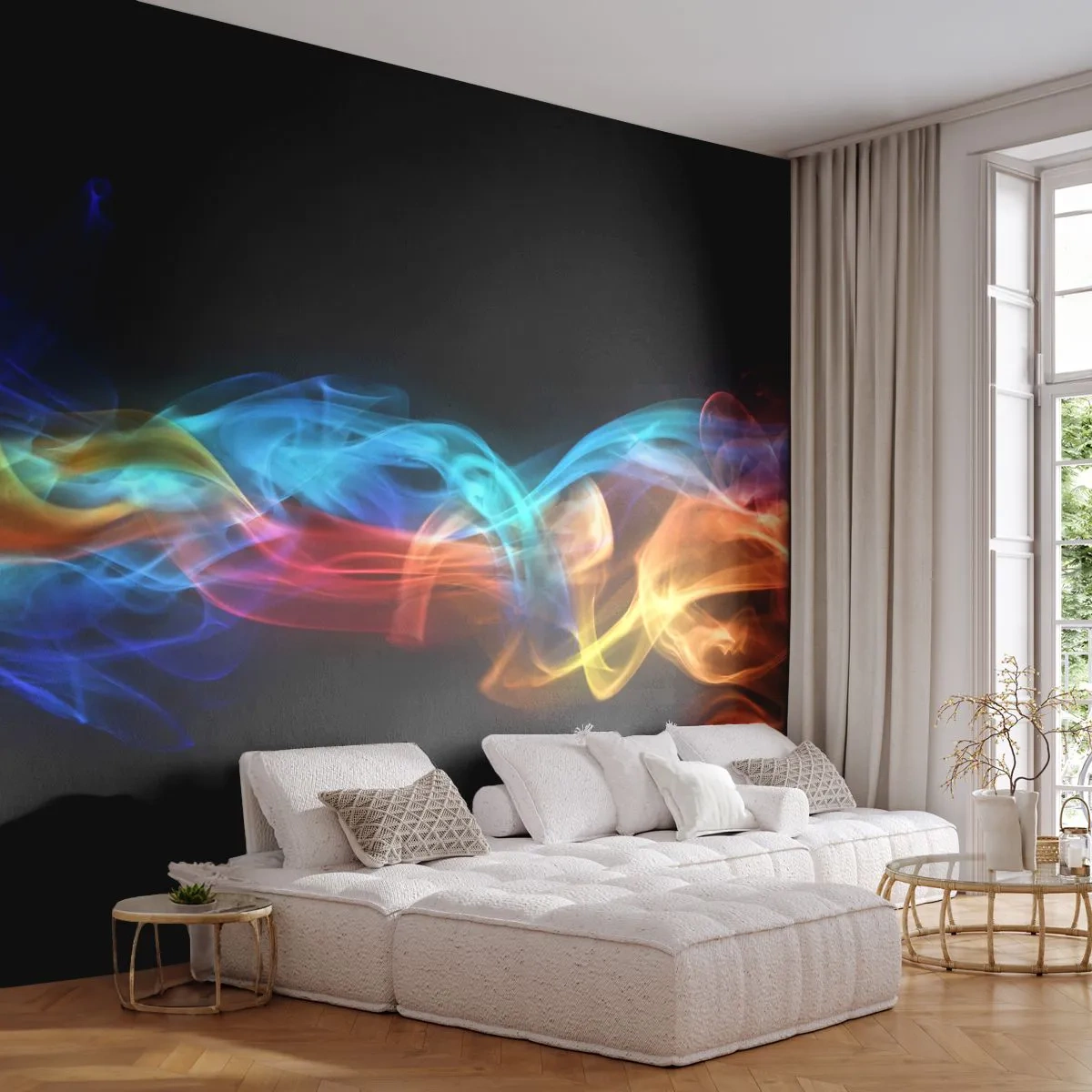 Papel de Parede Autocolante Deluxe Sticker - Dança da névoa em arco-íris - Abstração, Gráficos, Chamas Coloridas - 250x175 cm