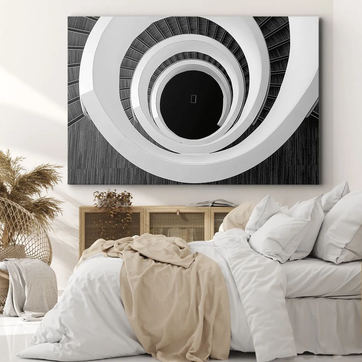 Quadro em tela - Escada em espiral preta e branca em estilo moderno - 70x50cm - Ao âmago - Decoração de parede moderna para a sala de estar e quarto ARTTOR