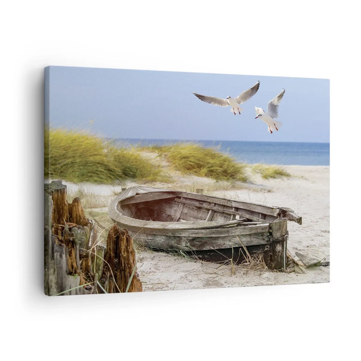Quadro em tela - Barco abandonado em uma praia com gaivotas - 70x50cm - Banhado pelo vento - Decoração de parede moderna para a sala de estar e quarto ARTTOR