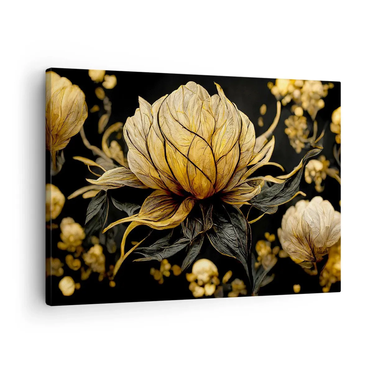 Quadro em tela - Flor dourada em fundo escuro - 70x50cm - Fragilidade sutil - Decoração de parede moderna para a sala de estar e quarto ARTTOR