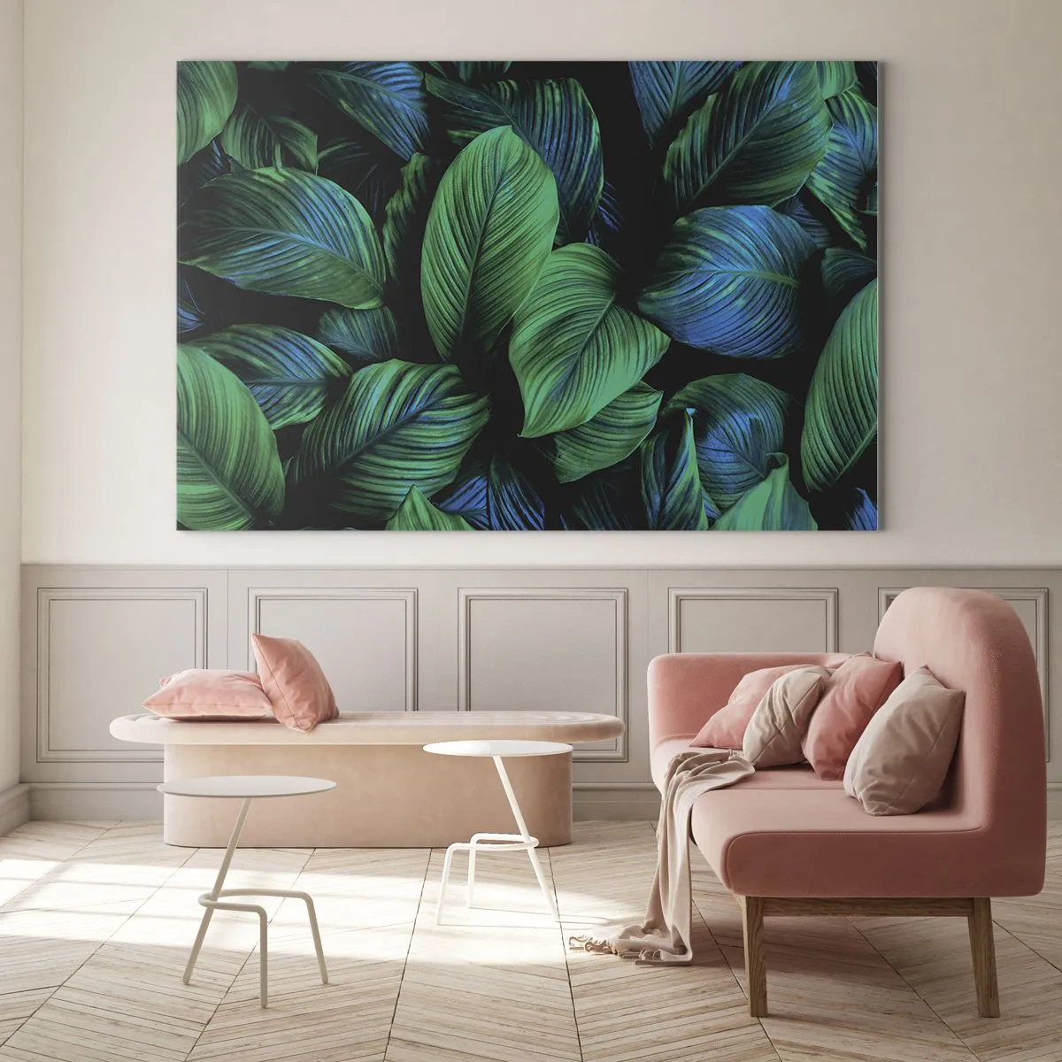 Quadro em vidro - Close-up de folhas em tons intensos de verde - 70x50cm - Na multidão verde - Decoração de parede moderna para a sala de estar e quarto ARTTOR