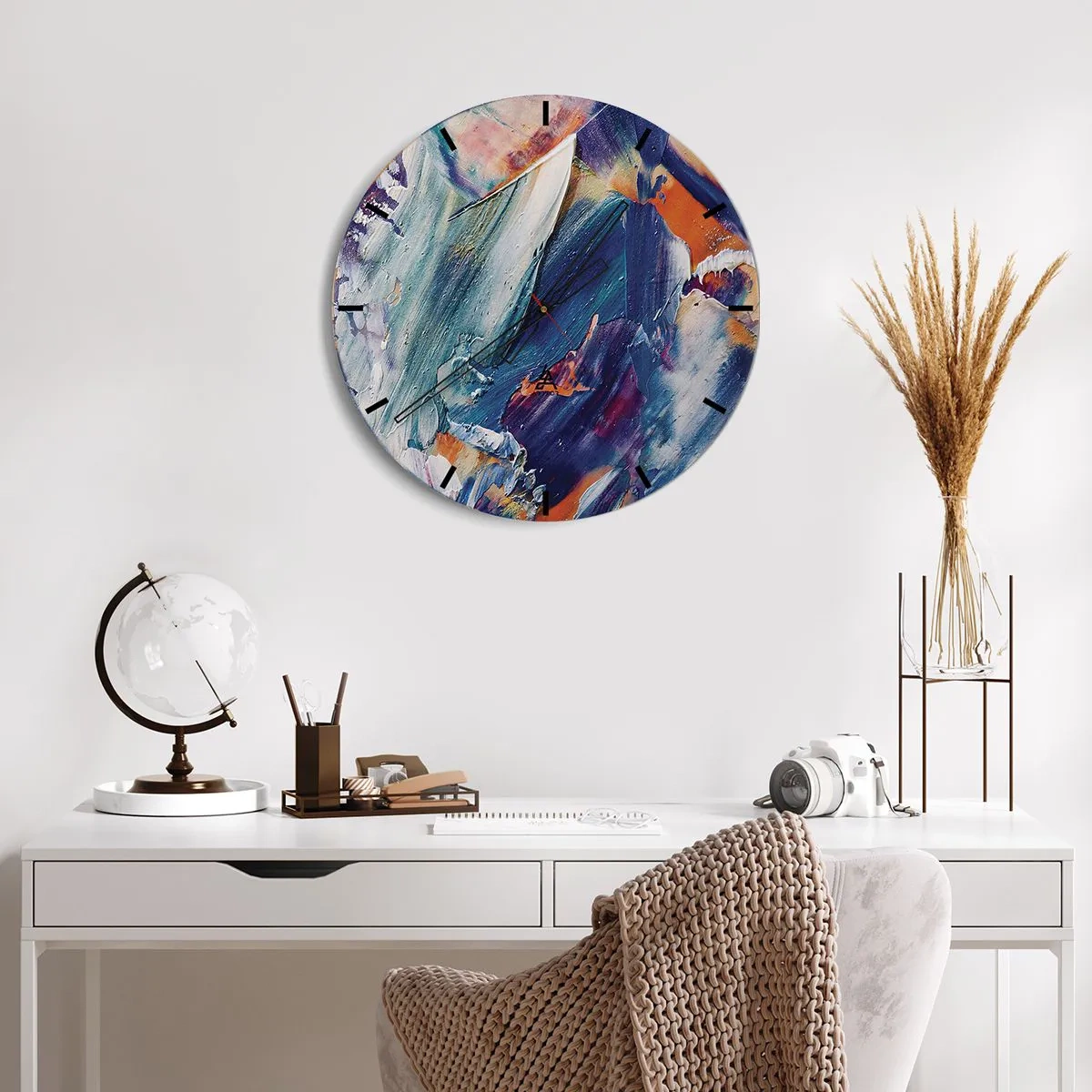 Relógio de parede - Relógio em vidro - Traços de tinta expressivos em cores saturadas - 30x30cm - Confusão de cores - Decoração de parede moderna para a sala de estar, cozinha e quarto ARTTOR