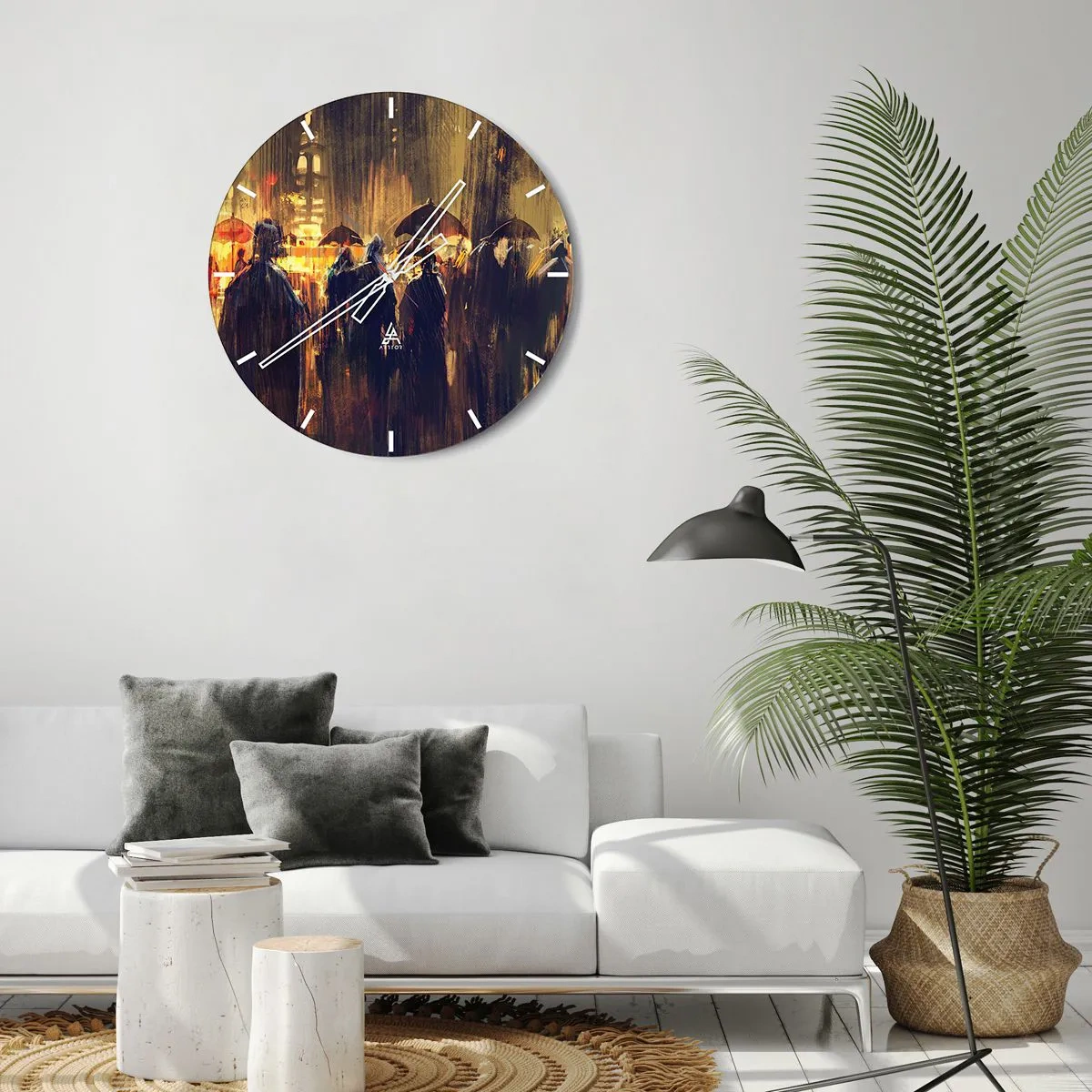 Relógio de parede - Relógio em vidro - Uma multidão de pessoas sob guarda-chuvas tendo como pano de fundo uma cidade noturna - 30x30cm - Os seguidores da chuva - Decoração de parede moderna para a sala de estar, cozinha e quarto ARTTOR