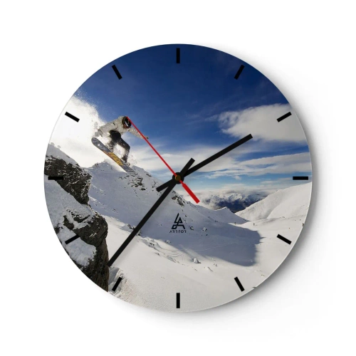 Relógio de parede - Relógio em vidro - Snowboarder em ação com montanhas ao fundo - 30x30cm - Liberdade sem fronteiras - Decoração de parede moderna para a sala de estar, cozinha e quarto ARTTOR