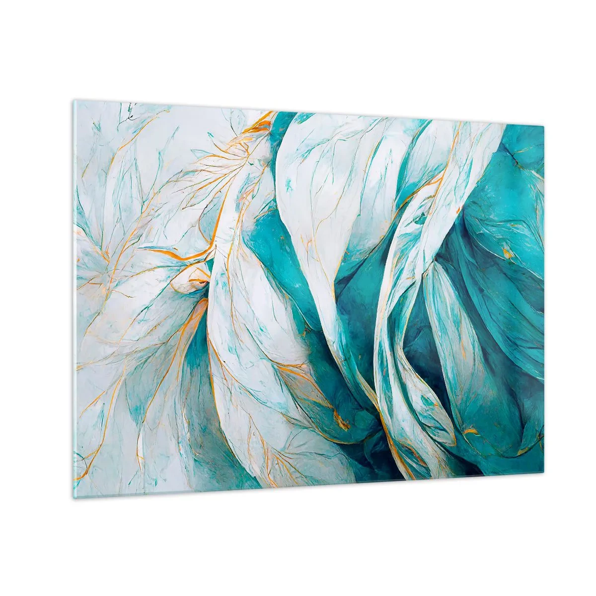 Quadro em vidro - Abstração orgânica em linhas azuis e douradas - 70x50cm - Abstração azul com lema dourado - Decoração de parede moderna para a sala de estar e quarto ARTTOR