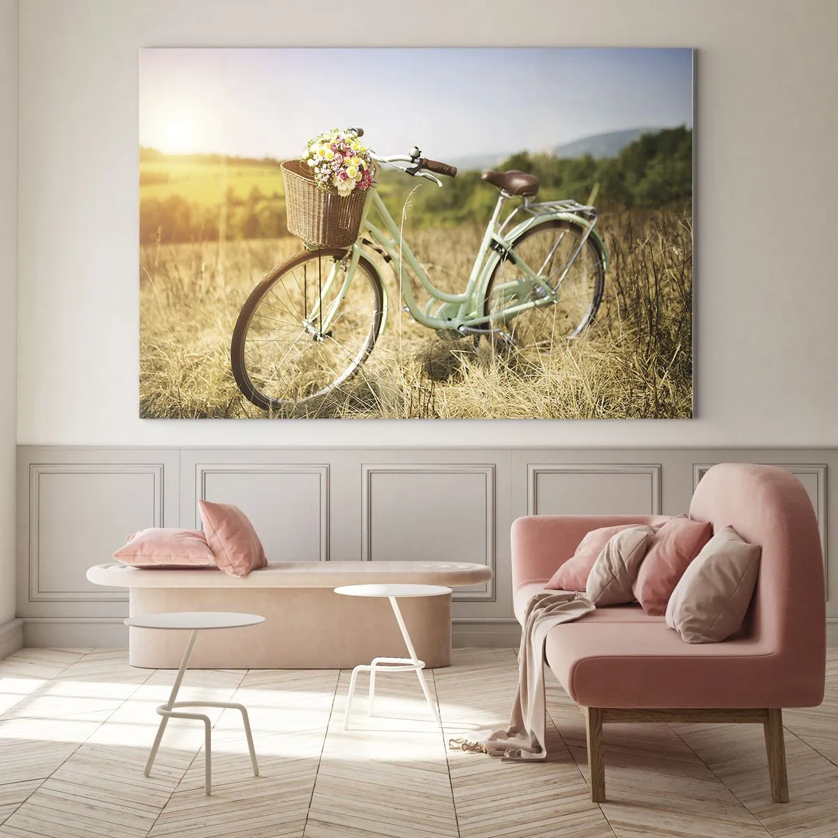 Quadro em vidro - Bicicleta retrô com flores em fundo natural - 70x50cm - Vou ficar aqui por um tempo - Decoração de parede moderna para a sala de estar e quarto ARTTOR