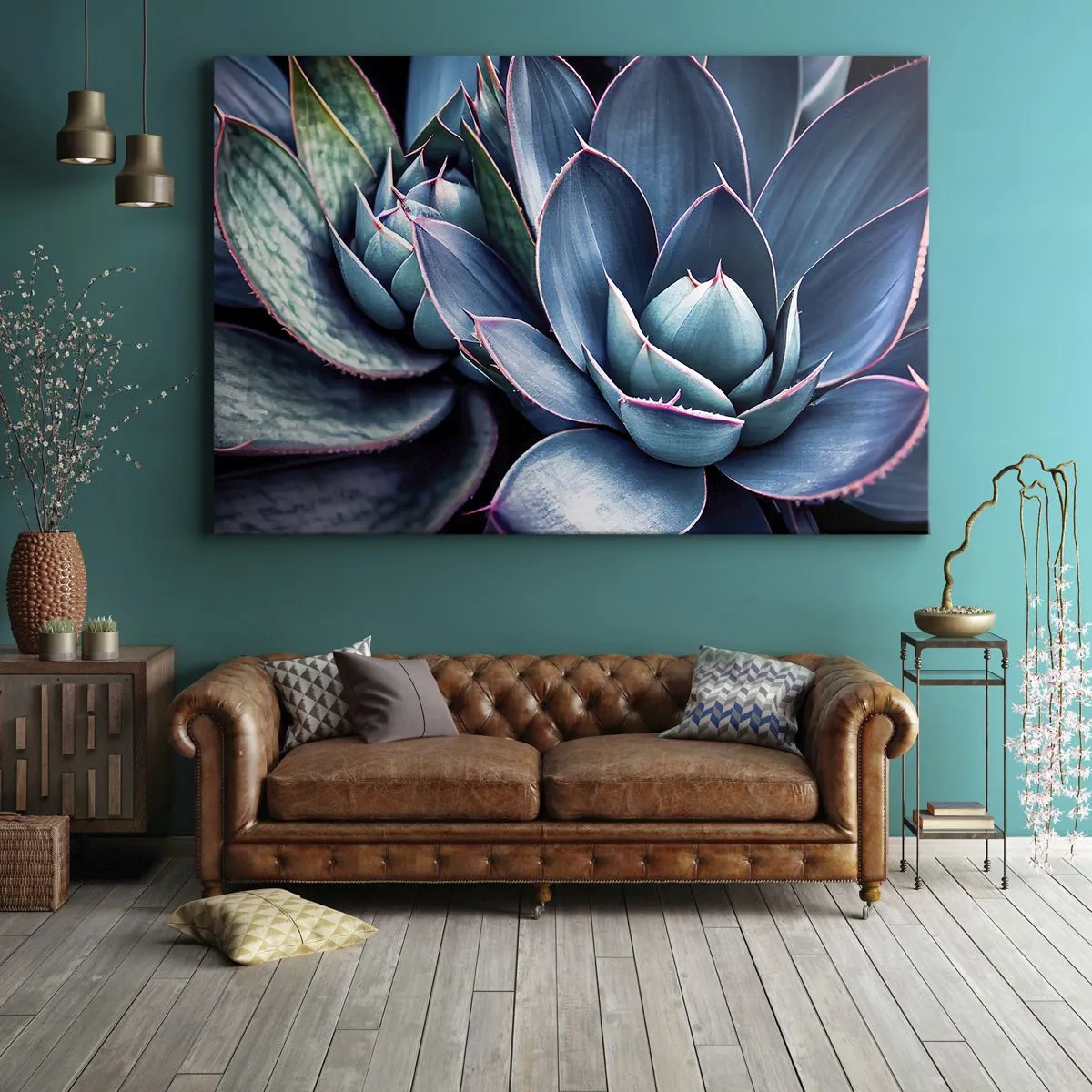 Quadro em tela - Agave em tons de azul e verde com detalhes em rosa - 70x50cm - Força vital - Decoração de parede moderna para a sala de estar e quarto ARTTOR