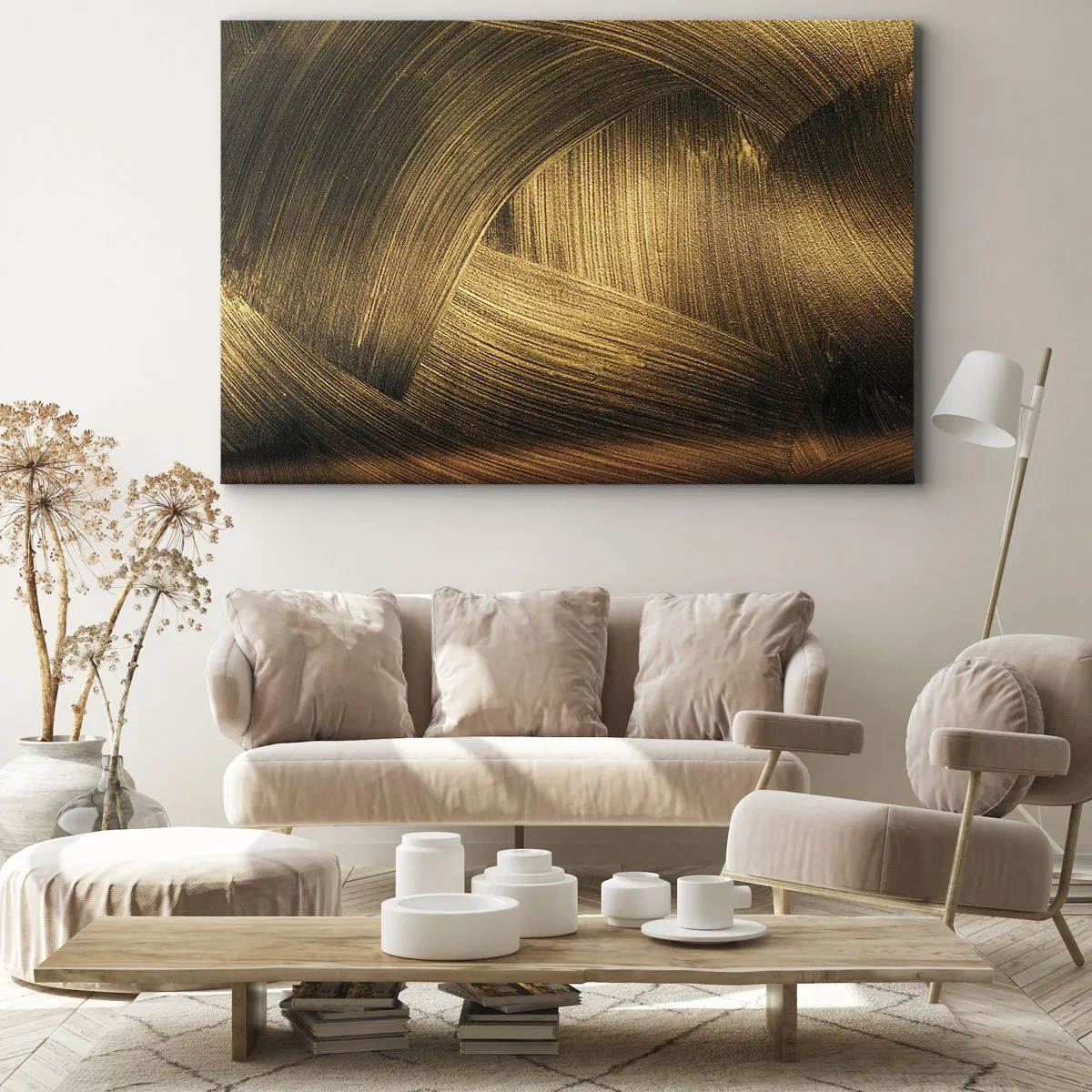 Quadro em tela - Pinceladas abstratas douradas - 70x50cm - No labirinto dourado - Decoração de parede moderna para a sala de estar e quarto ARTTOR