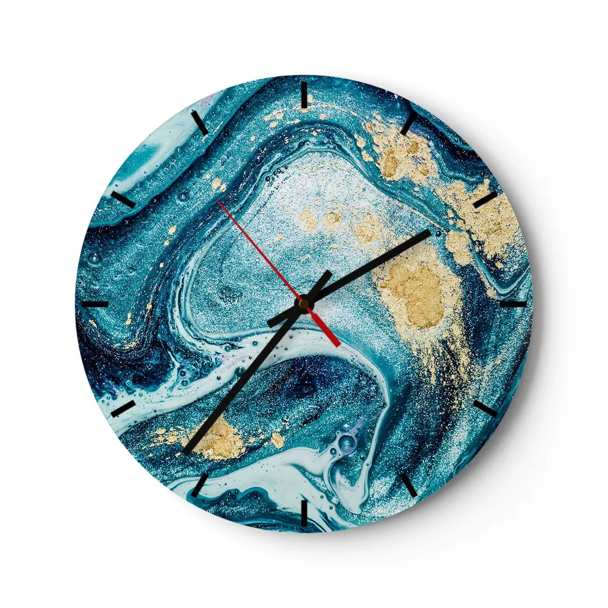 Relógio de parede - Relógio em vidro - Um redemoinho abstrato em tons de azul e dourado com efeito mármore. - 30x30cm - Redemoinho azul - Decoração de parede moderna para a sala de estar, cozinha e quarto ARTTOR